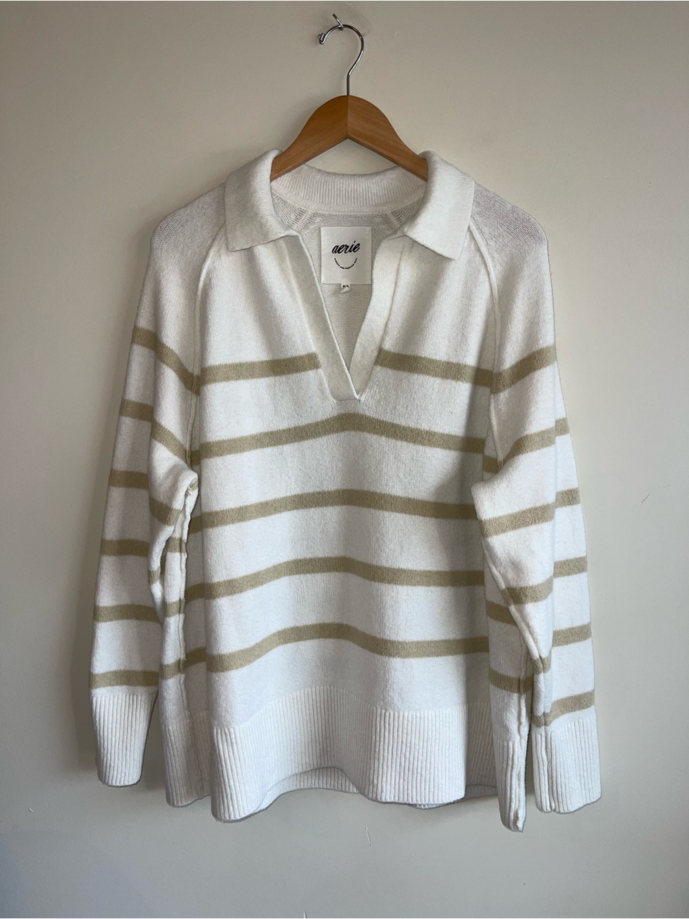 aerie Cream & Beige Striped V-Neck Collared Sweater